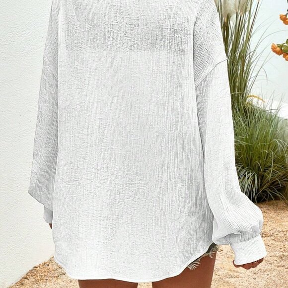 White Boho Womens Drop Shoulder Button Front Shirt - Picture 2 of 5